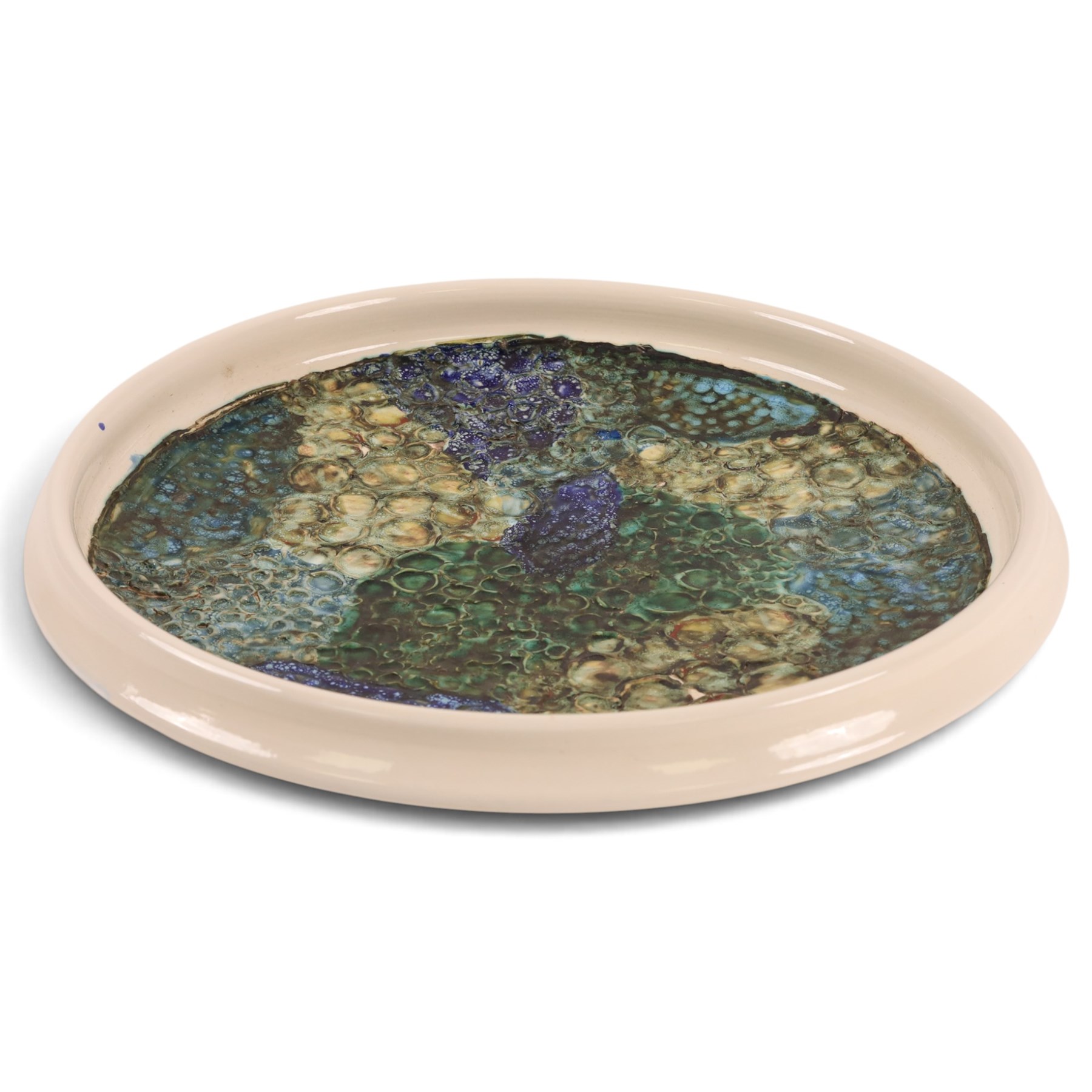 Tony Morris (British 1942-2018) for Poole Pottery: Studio pottery bowl of shallow circular form, thrown by Alan White, glazed and decorated by Tony Morris, impressed and painted marks to base, printed and painted marks beneath D35.5cm