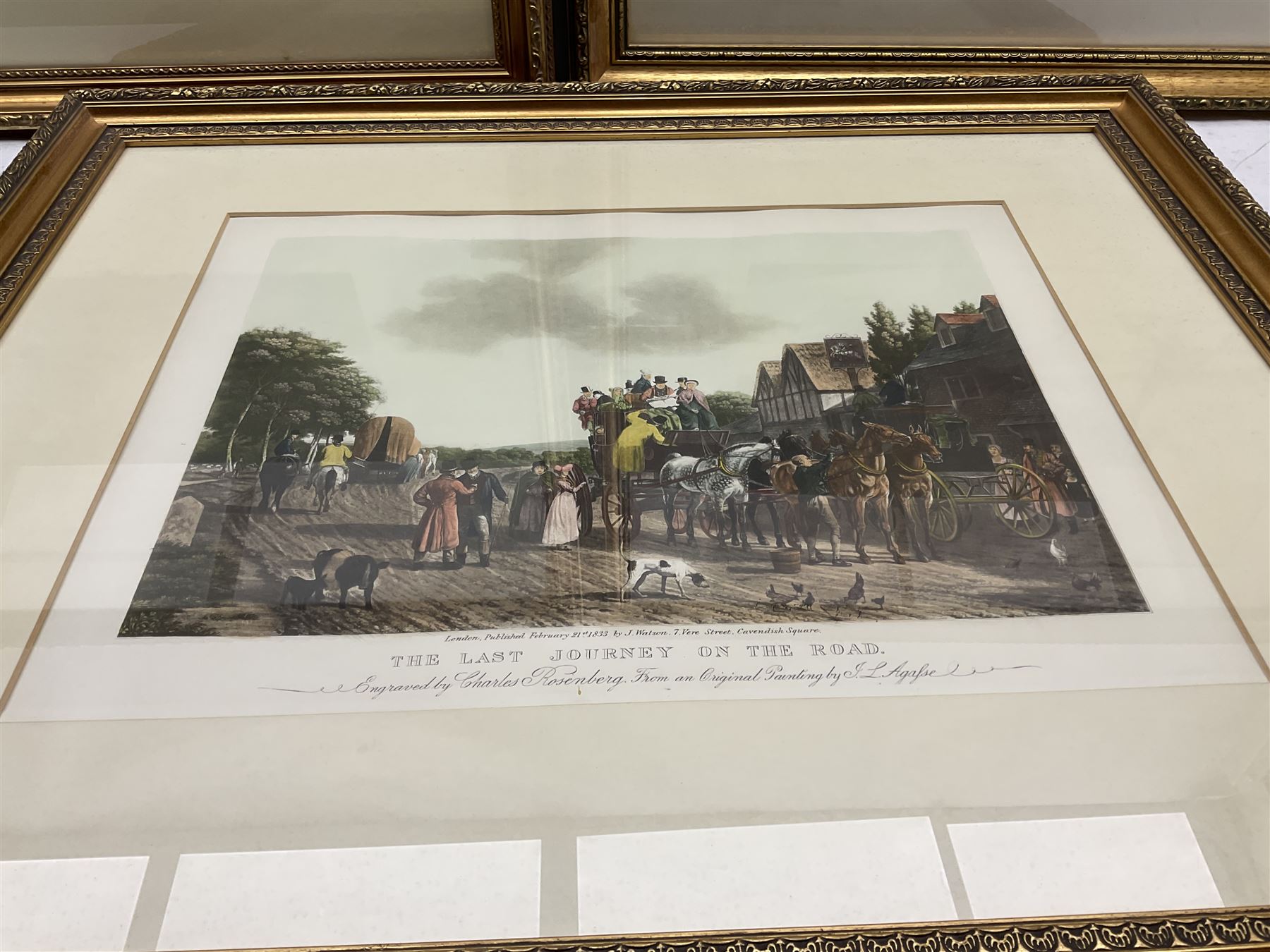  Charles Rosenberg (British 19th century) after William John Huggins (British 1781-1845): 'H C S Macqueen', colour engraving pub. 1834; Richard Gilson Reeve (British 1803-1889) after Francis Calcraft Turner (British 1795-1865): 'Artaxerxes' colour engraving pub. 1838;  Charles Rosenberg (British 19th century) after Jacques Laurent Agasse (Swiss 1767–1849): 'The Last Journey on the Road', colour engraving pub. 1833 max 40cm x 56cm (4)