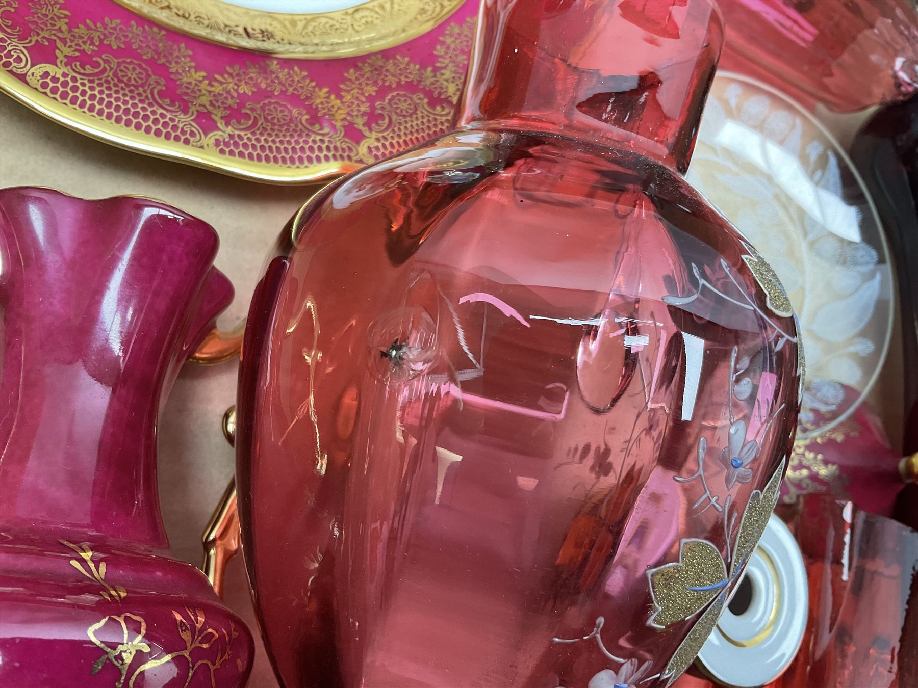 Victorian and later ceramics and glassware, to include cranberry glass, Limoges, blue and white, teawares etc