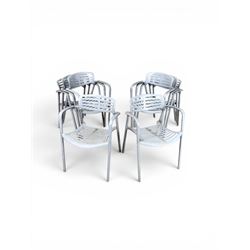 Set of eight mid-20th century painted aluminium garden armchairs, curved backs with shaped...