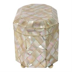 19th century mother of pearl tea caddy, of rectangular form with canted corners, the hinged lid enclosing a single lidded compartment, raised upon bun feet, H11cm D10cm L13cm
This item has been registered for sale under Section 10 of the APHA Ivory Act 