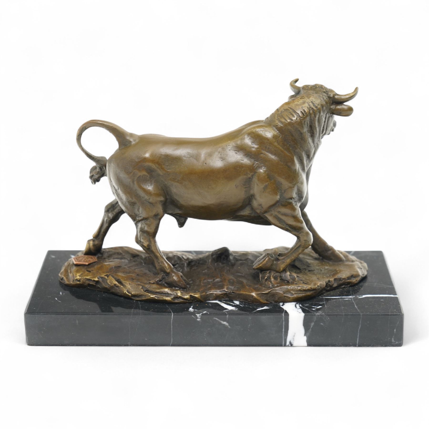 After Antoine Louis Barye - bronze figure of a charging Bull, H13cm 