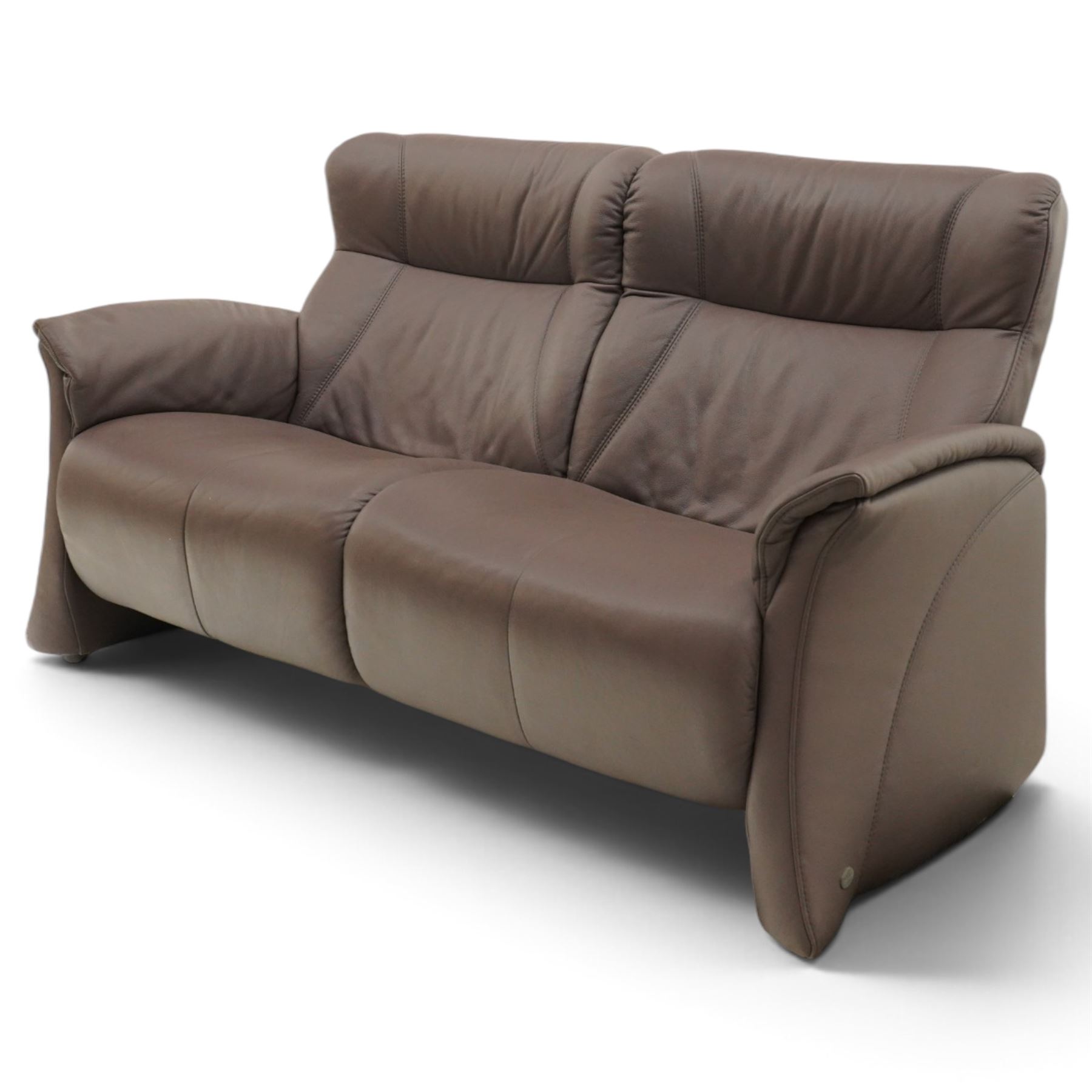 Himolla - ‘Cumuly’ lounge suite upholstered in deep aubergine leather, comprising two-seat sofa with high padded back, shaped arms and panelled upholstery (W 161cm, D 82cm, H 93cm), and three-seat sofa conforming (W 200cm, D 82cm, H 93cm)