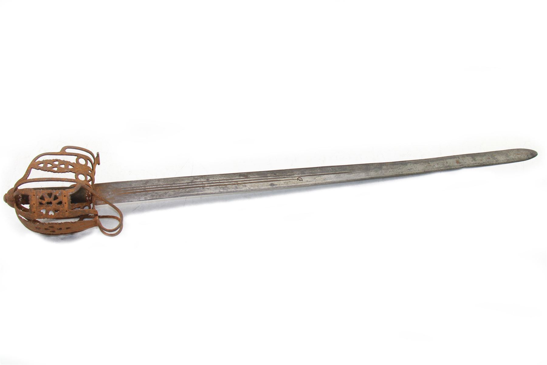 Scottish basket-hilted sword, double-edged blade L95cm cut with three narrow fullers, marked with a pair of crescent moons, L112cm 