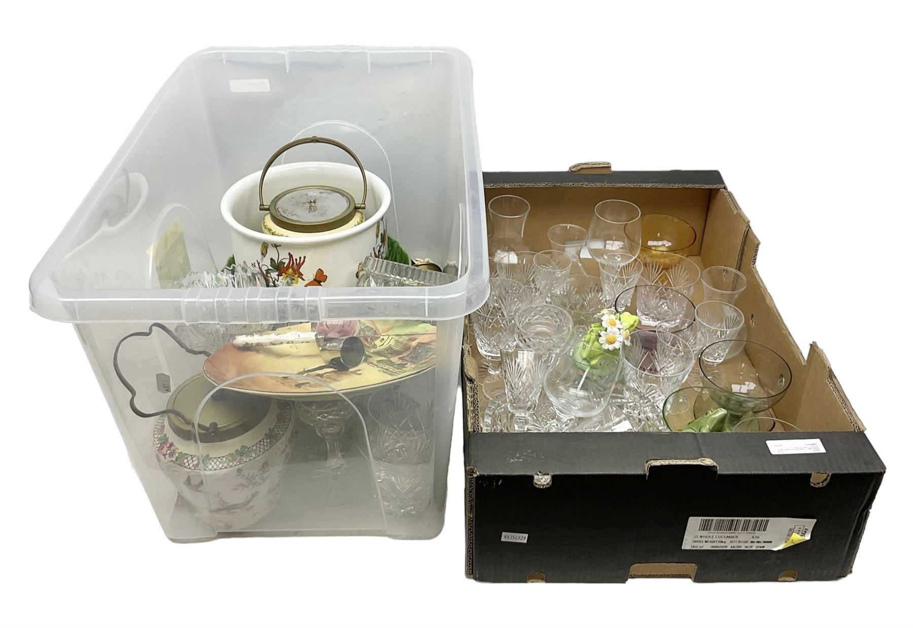 Portuguese Faiancas Belo pottery majolica cabbage leaf dish, together with a similar example, Royal Doulton plate, Portmeirion plant pot, glassware, two silver topped bottles etc, in two boxes  