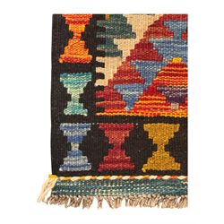 Afghan Maimana flatweave Kilim rug, the field decorated with multi-coloured diamond motifs in a stepped formation, framed by a bold hourglass border,