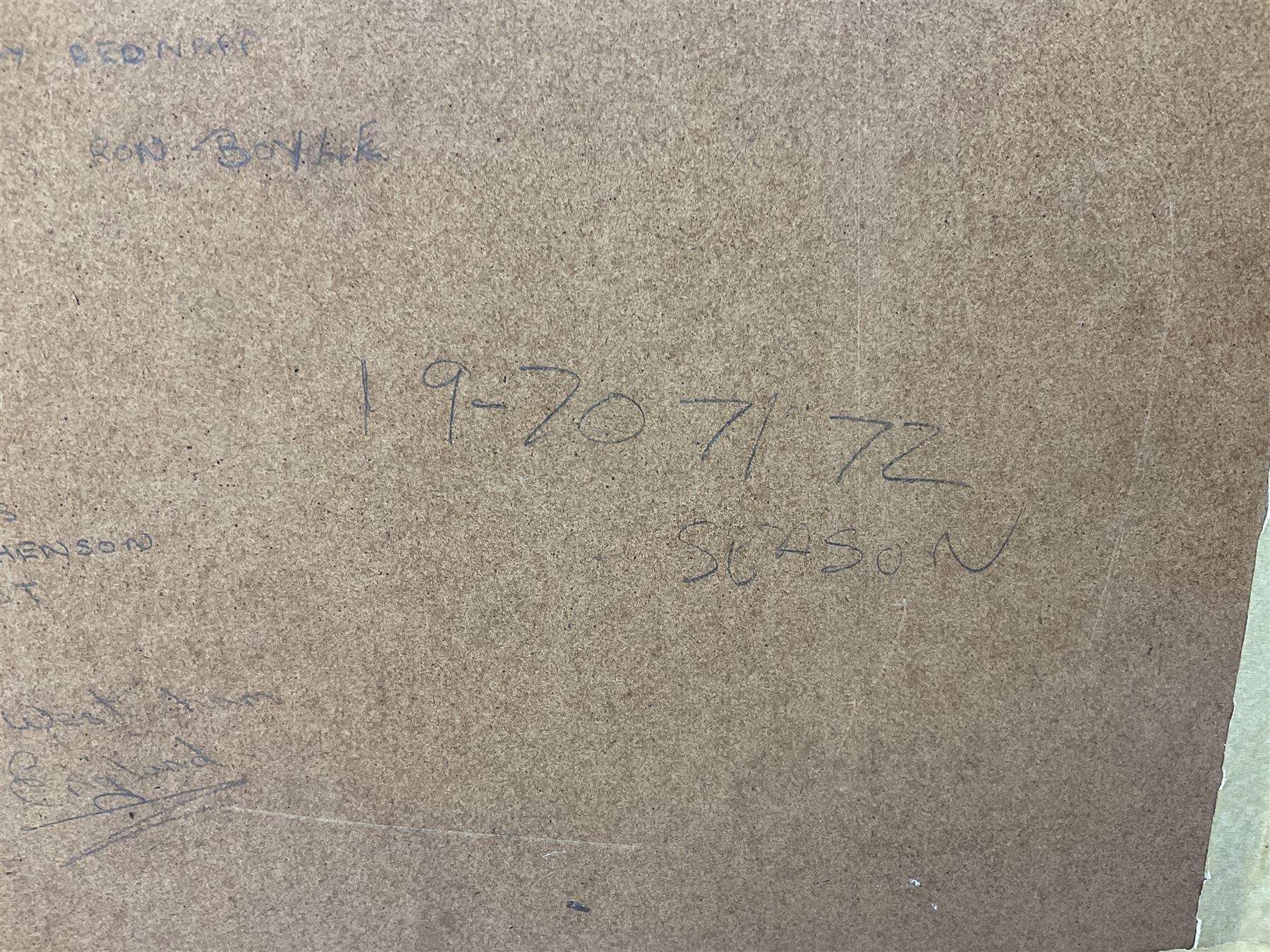 1970-1 photograph of West Ham United FC squad members, including Bobby Moore, Geoff Hurst, Harry Redknapp, Trevor Brooking, Jimmy Greaves, Billy Bonds etc, most players with signatures, 30 x 45cm, framed and glazed