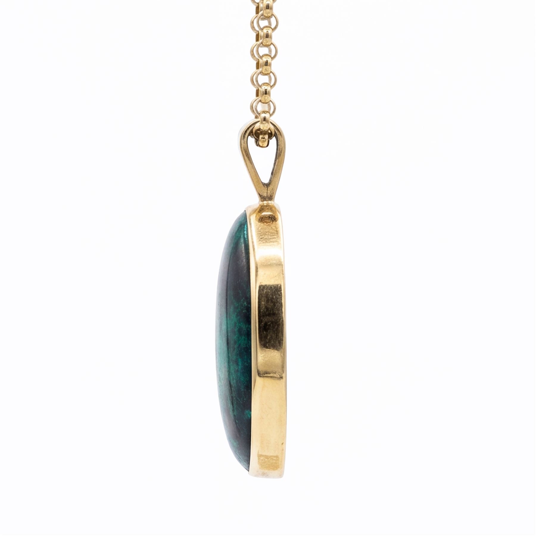 9ct gold azurite pendant necklace, bezel set oval cut azurite, on a gold belcher link chain necklace