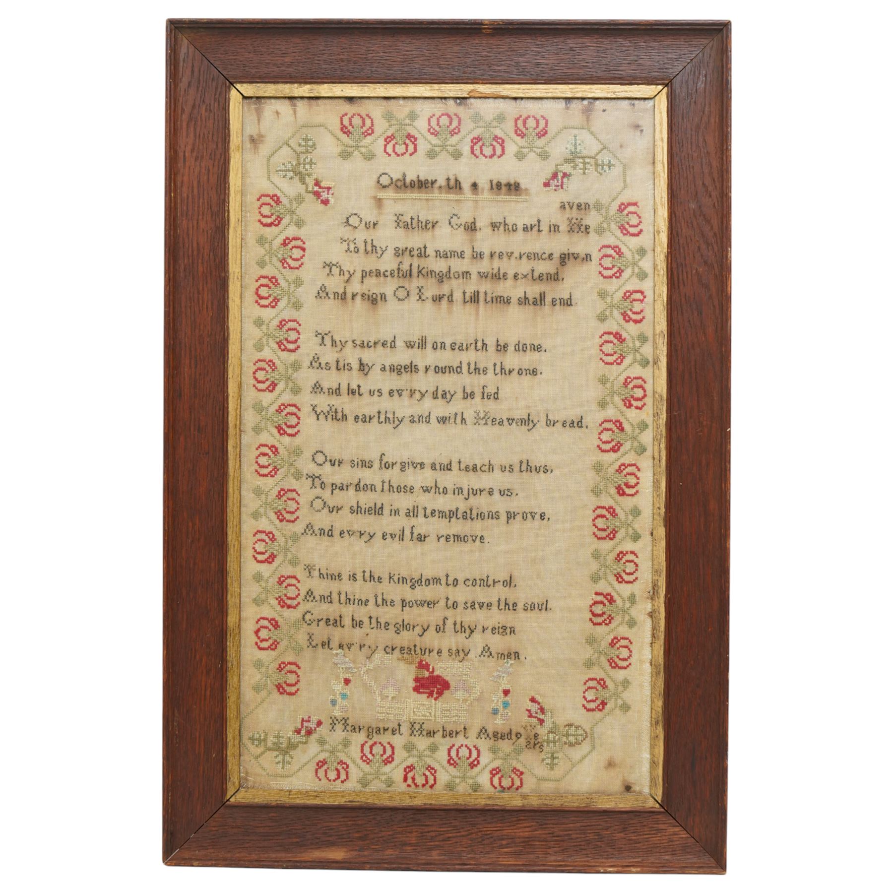 Victorian sampler by Margaret Harbert aged 9, dated 1848, worked with Lords Prayer verse within flowering vine border, framed, overall 67cm x 44.5cm 