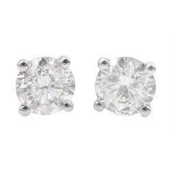Pair of 18ct white gold round brilliant cut diamond stud earrings, hallmarked, total diamond weight approx 1.00 carat