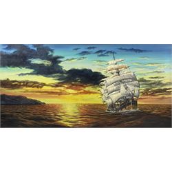 Keith Sutton (British 1924-1991): Privateer off the Coast at Sunset, oil on canvas signed 60cm x 122cm