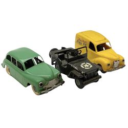Eight Tri-ang Minic tin-plate/plastic clockwork vehicles comprising Tipper Lorry, Post Office Telephones Van, Caterpillar Tractor, Evening News Van, two Royal Mail Vans, American jeep and saloon car; all unboxed (8)