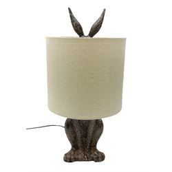 Composite table lamp, modelled as a hare with natural linen shade, H50cm