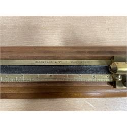 19th/ early 20th century brass and walnut yarn twist tester by Goodbrand & Co. Manchester, L49cm 