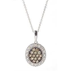 White gold round brilliant cut white and chocolate coloured diamond cluster pendant necklace by La Vian, hallmarked 14ct, total diamond weight 0.46 carat