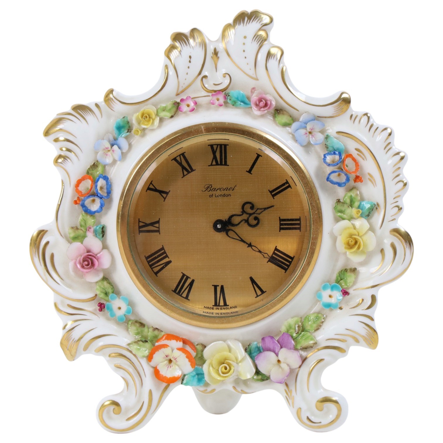 Collection of Coalport items, comprising floral mantel clock, houses including 'Park Lodge' 'The Umbrella House' 'Keepers Cottage', Coalbrookdale floral jar, and others; Kingmaker mouse ornament; Egyptian-style granite Bastet cat ornament, in one box