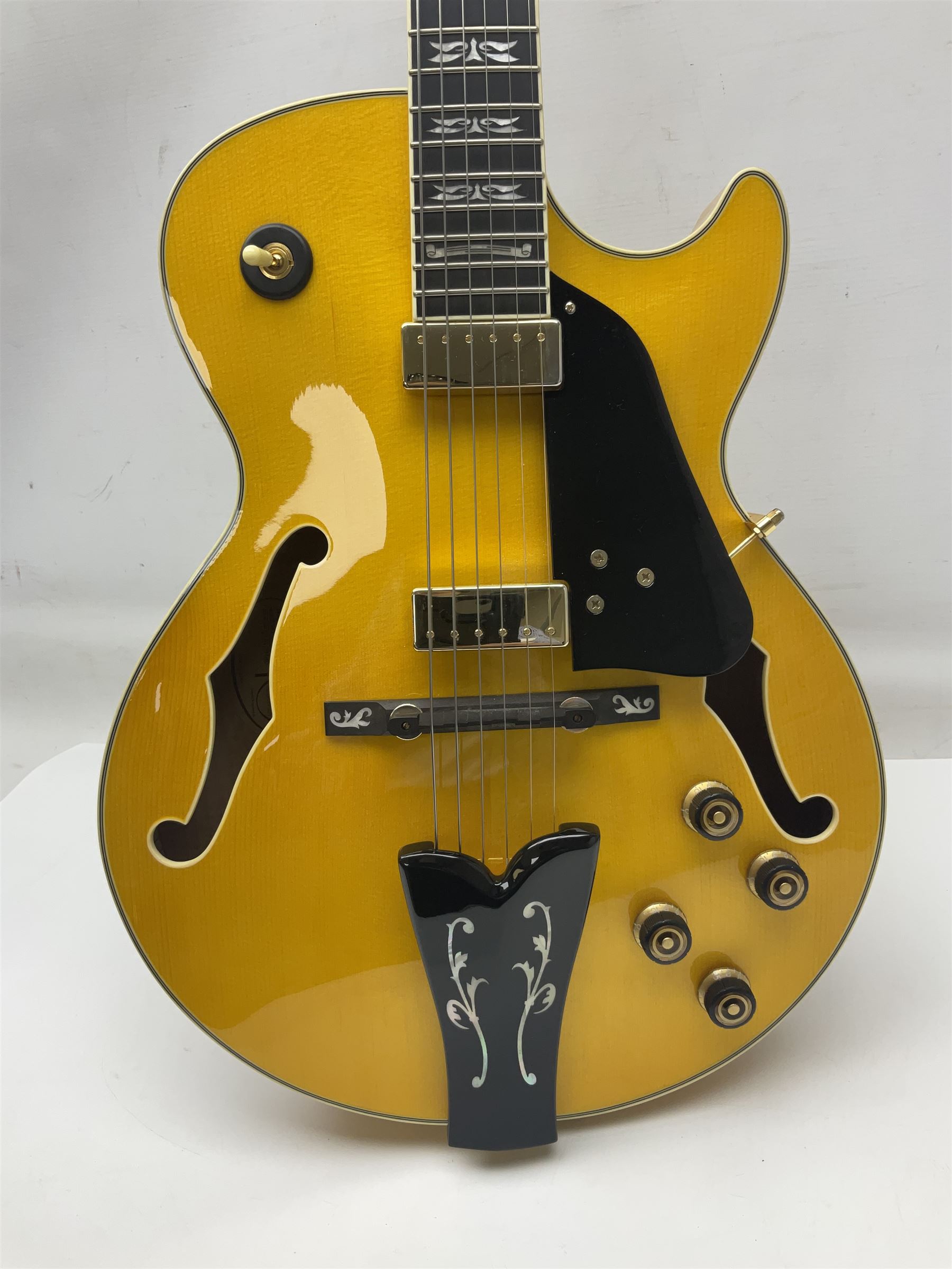 Ibanez George Benson 40th Anniversary arch top semi-acoustic guitar with floating pick-ups and mother-of-pearl inlay; model no.GB40THII serial no.S16120480; L104.5cm; in Ibanez hard carrying case with manual