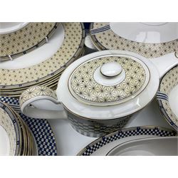 Wedgewood Samurai pattern, part tea and dinner service, to include teapot, open sucrier, milk jug, six cups and saucers, six dinner plates, six soup bowls, covered twin handled service dish, sauce boat and saucer etc (46)  
