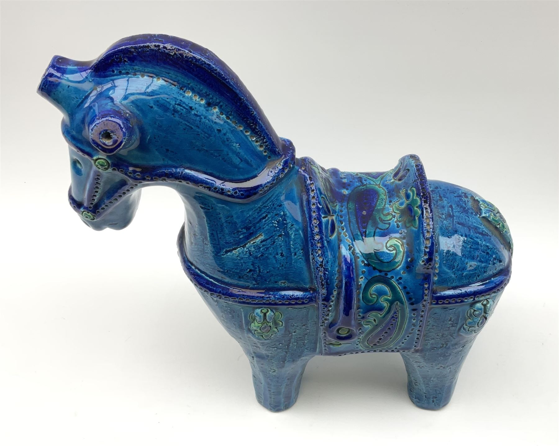 Aldo Londi for Bitossi, Rimini Blu pottery horse, with having incised decoration, marked beneath, H31cm.