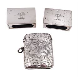 Pair of early 20th century silver matchbox covers, each of typical form, engraved with a tree to the centre, with personal engraving to reverse, hallmarked Stokes & Ireland Ltd, Chester, date letter worn and indistinct, together with a late Victorian silver vesta case, engraved with floral decoration, with monogrammed shield shaped cartouche to centre, hallmarked E V Pledge & Son, Birmingham 1900