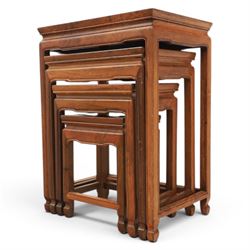Chinese hardwood quartetto nest of tables, moulded rectangular top, square tapering legs terminating in spade feet