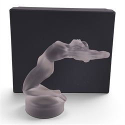 Lalique, Chrysis, frosted glass figure, inspired by the original 1931 car mascot designed by Rene Lalique, engraved Lalique France to base, H12cm