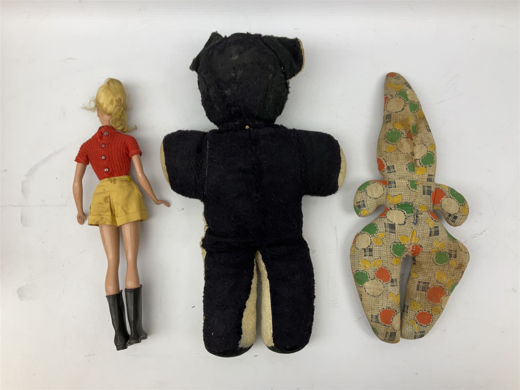 1950s fashion doll reputedly used for advertising children's wellingtons in a shoe shop window H30cm; and two soft toys (3)