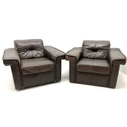 Pair vintage retro armchairs, upholstered in brown leather
