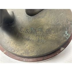 After Eugen Schlipf, Fanfair, bronzed female figure playing two horns, upon a circular marble plinth, H57cm