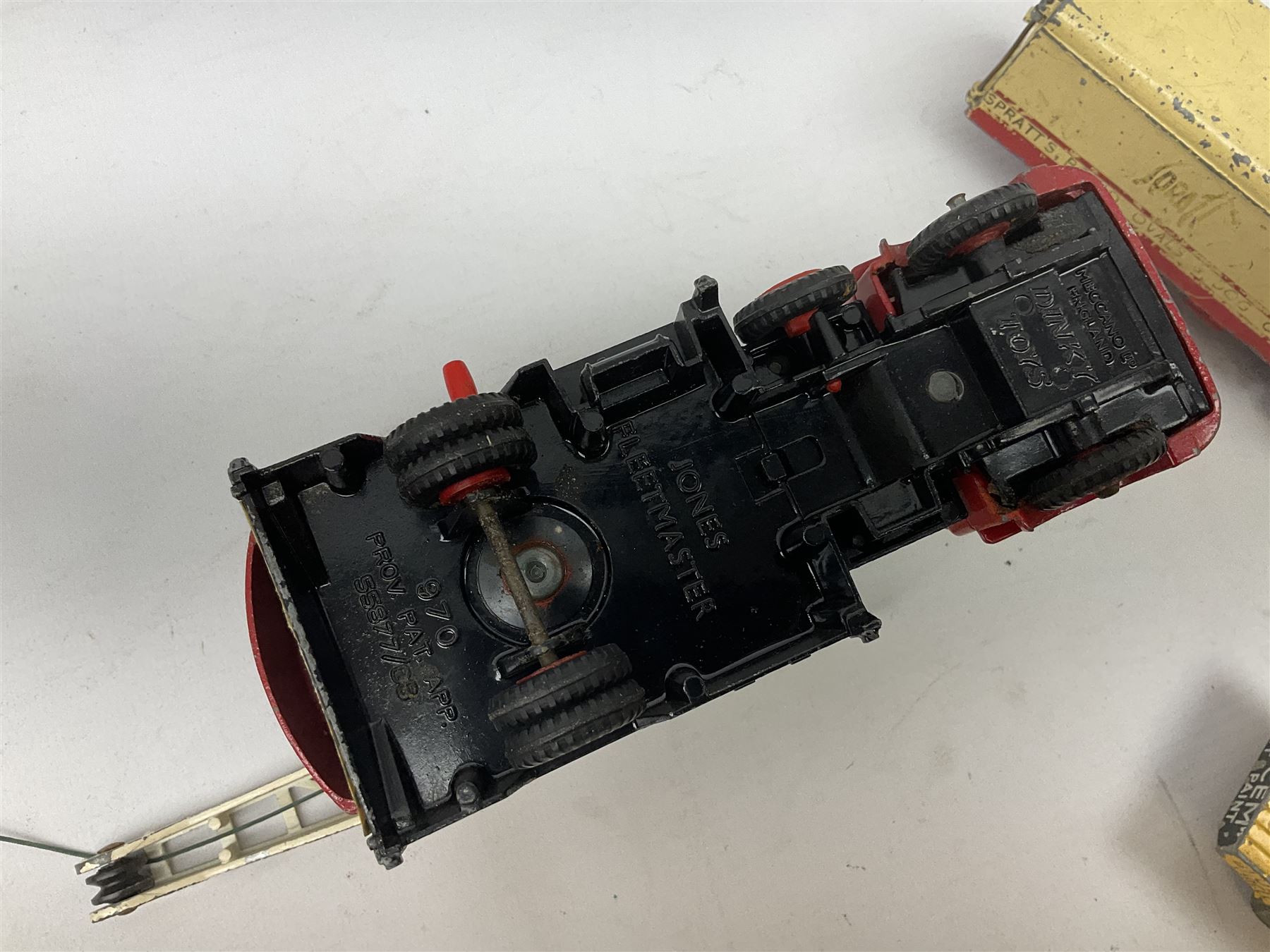 Dinky - eight unboxed and playworn/repainted commercial vehicles including Foden flatbed lorry, Bedford Articulated lorry, Leyland Comet Ferrocrete lorry, Guy Spratts panel van, Fire Engine, Jones Fleetmaster, Commer breakdown truck etc (8)