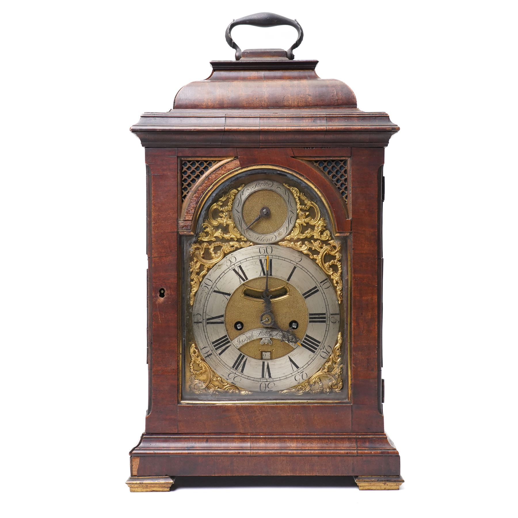 18th century twin fusee bracket clock with recoil anchor escapement the steel and brass dial inscribed Joseph Lake, London with strike silent ring and ormolu spandrels, engraved back plate in caddy top walnut case H47cm
