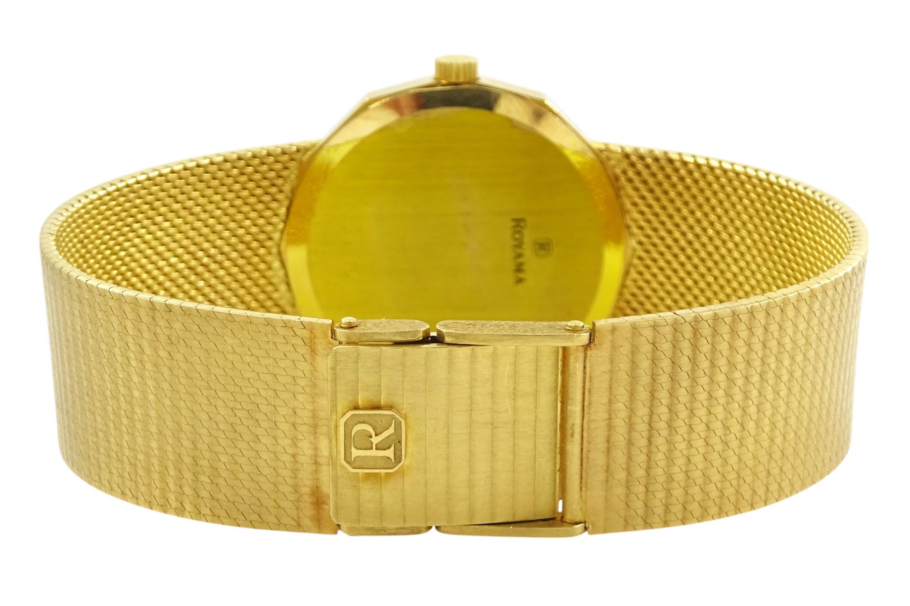 Royama gentleman's 18ct gold manual wind wristwatch, blue dial, with baton hour markers and Saudi Arabian coat of arms, Helvetia hallmark, on integral 18ct gold bracelet, stamped 750