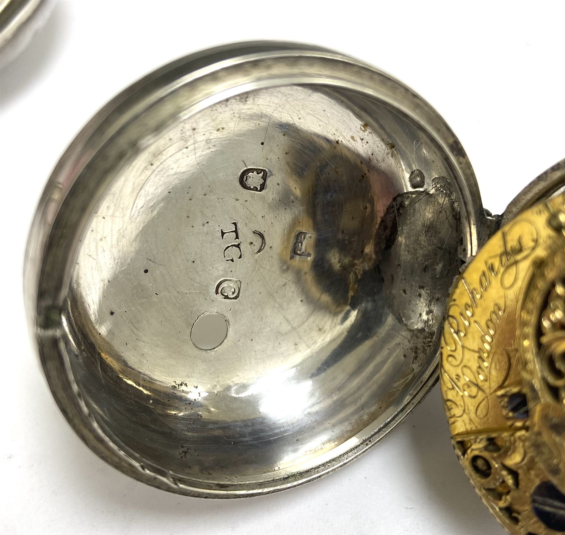 George III silver pair cased verge fusee pocket watch by John Richards, London, pierced and engraved balance cock, white enamel dial with Arabic numerals, bull's eye glass, case by Thomas Gosling, London 1778/80