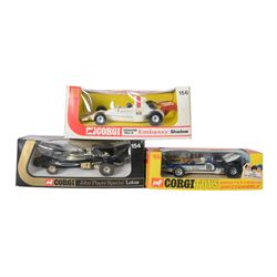 Eleven Corgi diecast Formula 1 models, comprising 152 Ferrari 312 B2, 161 Elf Tyrell Project 34, 158 Ef Tyrell Ford, 151 Whizzwheels Yardley McLaren M19A, 154 John Player Special Lotus, 156 Graham Hill's Embassy Shadow, 153 Whizzwheels TS9B Team Surtees, 155 UOP Shadow, 159 Patrick Eagle Indianapolis, 160 Hesketh 308 and 150 Whizzwheels Surtees TS9