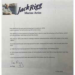 Jack Rigg (British 1927-2023): Entrance to the Humber Dock 'Near Hull', pen and ink sketch signed and dated 1976, titled later 18cm x 29cm (unframed)