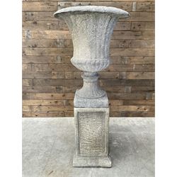 Large Georgian design cast stone garden centre-piece urn, egg and dart border, tapering column on square base, raised on square column