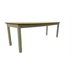 Traditional pine kitchen or dining table, rectangular top, raised on white painted square supports
