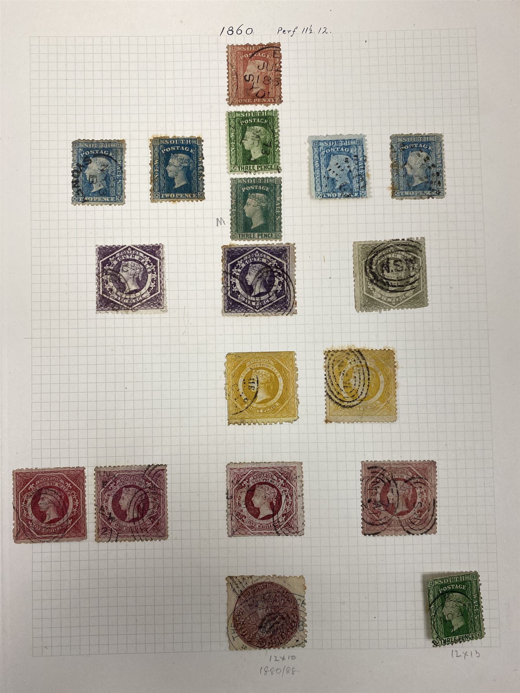 Australia New South Wales stamps, including 1850-4 various imperf issues, 1854-6 including five pence, six pence, one shilling etc, 1856-60 registered letter stamps, 1861-88 five shillings etc, housed on pages