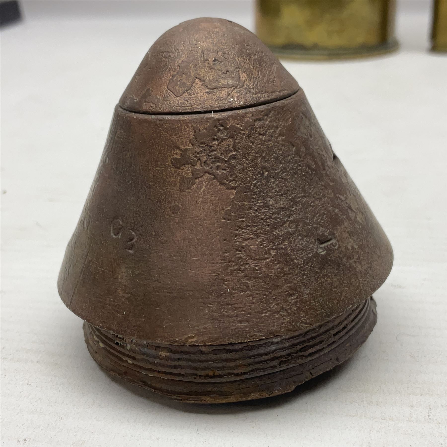 WWI trench art 13-pound anti-aircraft brass shell case engraved Alexandra Princess of Wales, Yorkshire Regiment, bears marks for Royal Ordnance Factory Woolwich 1917 H29cm; WWI British shell fuse dated June 1916; and WWII 20mm brass cannon shell dated 1941 (3)