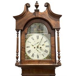 English - mid-19th century 8-day mahogany longcase clock, with a swans neck pediment and wooden urn finial, break arch hood door flanked by ring turned pilasters, trunk with a round topped door and reeded columns on a conforming plinth with a raised panel, unsigned fully painted dial with Roman numerals and minute markers, subsidiary seconds and date dials with matching brass hands, eight day rack striking movement striking the hours on a bell. With weights and pendulum.