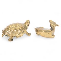 Victorian novelty cast brass inkwell, modelled as a tortoise with hinged brass carapace opening to reveal inkwell recess, L15cm, together with  a brass model of a recumbent water buffalo, L12cm