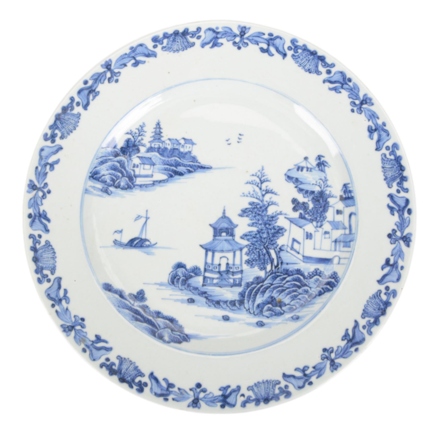 19th century Cantonese plate of octagonal form decorated to the centre with a garden of flowering peonies, together with two other 19th century plates and two serving platters each depicting temples in landscapes, octagonal plate W31cm  