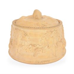 Wedgwood caneware game tureen, the cover with rabbit handle surrounded by country animals, repeating moulded leaf rim, the external sides decorated in light relief with dead game among vines, impressed marks to base, W26.5cm 