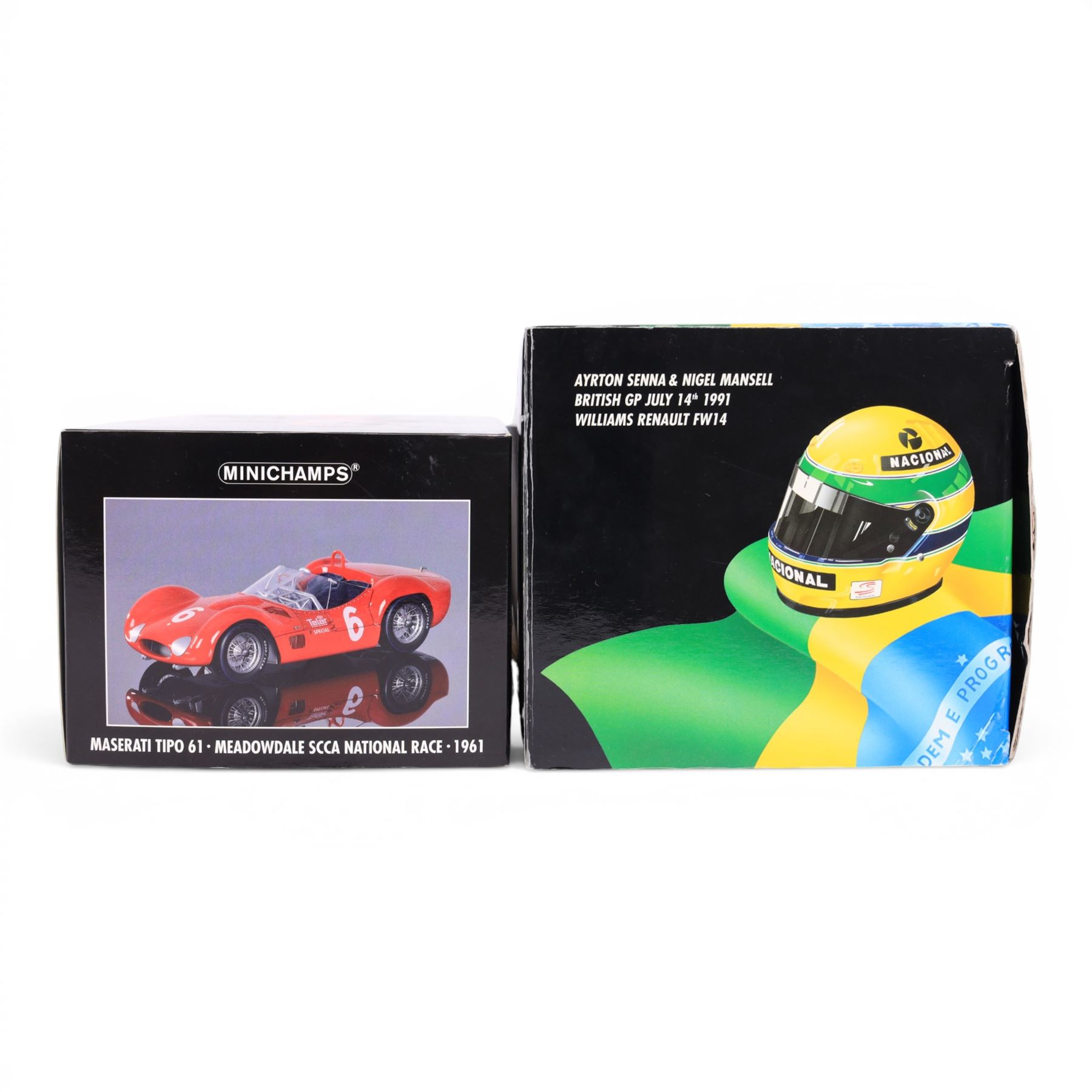 Minichamps 1:18 Maserati Tipo 61 Meadowdale SCCA National Race 1961 #6 car, together with Paul's Model Art Minichamps 1:18 Ayrton Senna Racing Car Collection British Grand Prix 1991 Williams Renault FW14 #5 car, both boxed (2)