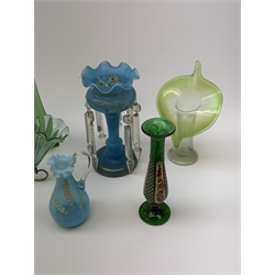 A group of glassware, comprising a 19th century clear glass epergne, with single frilled trumpet over a frilled bowl, H27cm, a smaller similar example, a later epergne, with four trumpets within a silver plated mount, a Vaseline glass Jack in the pulpit vase, a Victorian blue glass ewer with white lily of the valley decoration, H17cm, a Victorian blue glass lustre with clear glass droppers, H24.5cm, a 19th century bohemian green glass vase, with floral painted overlaid decoration, H22cm, and a overlaid translucent green glass vase, H20.5cm. (7). 