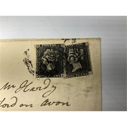 Two Queen Victoria penny black stamps on single cover, black MX cancels
