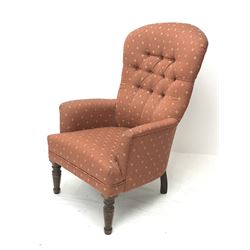 *Late 20th century beech framed armchair upholstered in buttoned pale red patterned fabric, turned supports, W72cm, H105cm