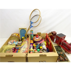 Collection of vintage toys including painted wooden model of a train, Pin Ball, tin plate drum, packs of cards, skipping ropes, badminton racquets, Wenebrik building set, plastic farm animals, Abacus and other similar items in two boxes  