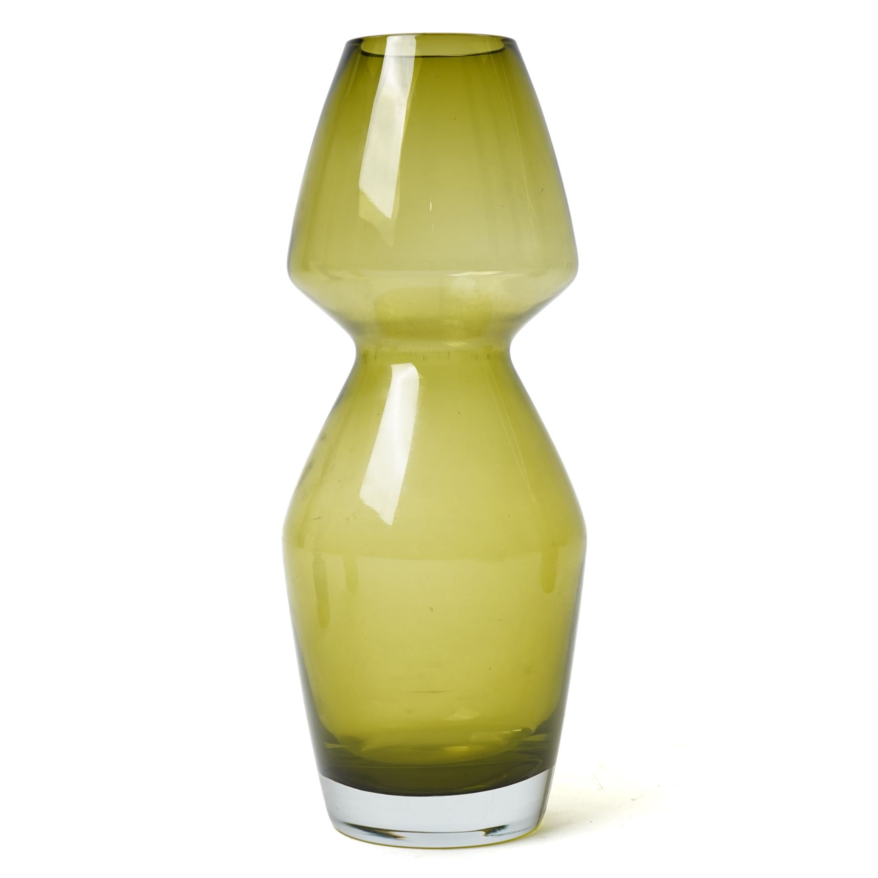 Four art glass vases, including three mid-century Scandinavian glass vases, two olive green examples by Riihimaki probably designed by Tamara Aladin, a blue vase, probably Alstefors, and a George Davidson Brama Luna green bark vase, max H25cm (4)