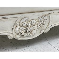 French design bombe shaped chest, moulded rectangular top over two short and three long drawers, on scrolled feet, in cream paint finish 